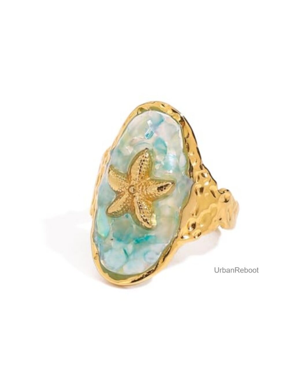 14K Gold-Toned Titanium Steel Adjustable Starfish Shell Open Band Ring